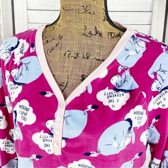 Disney Eeyore Veloure Lounge Sleep Shirt Pink Medium Long Sleeve Pullover - Picture 5 of 11